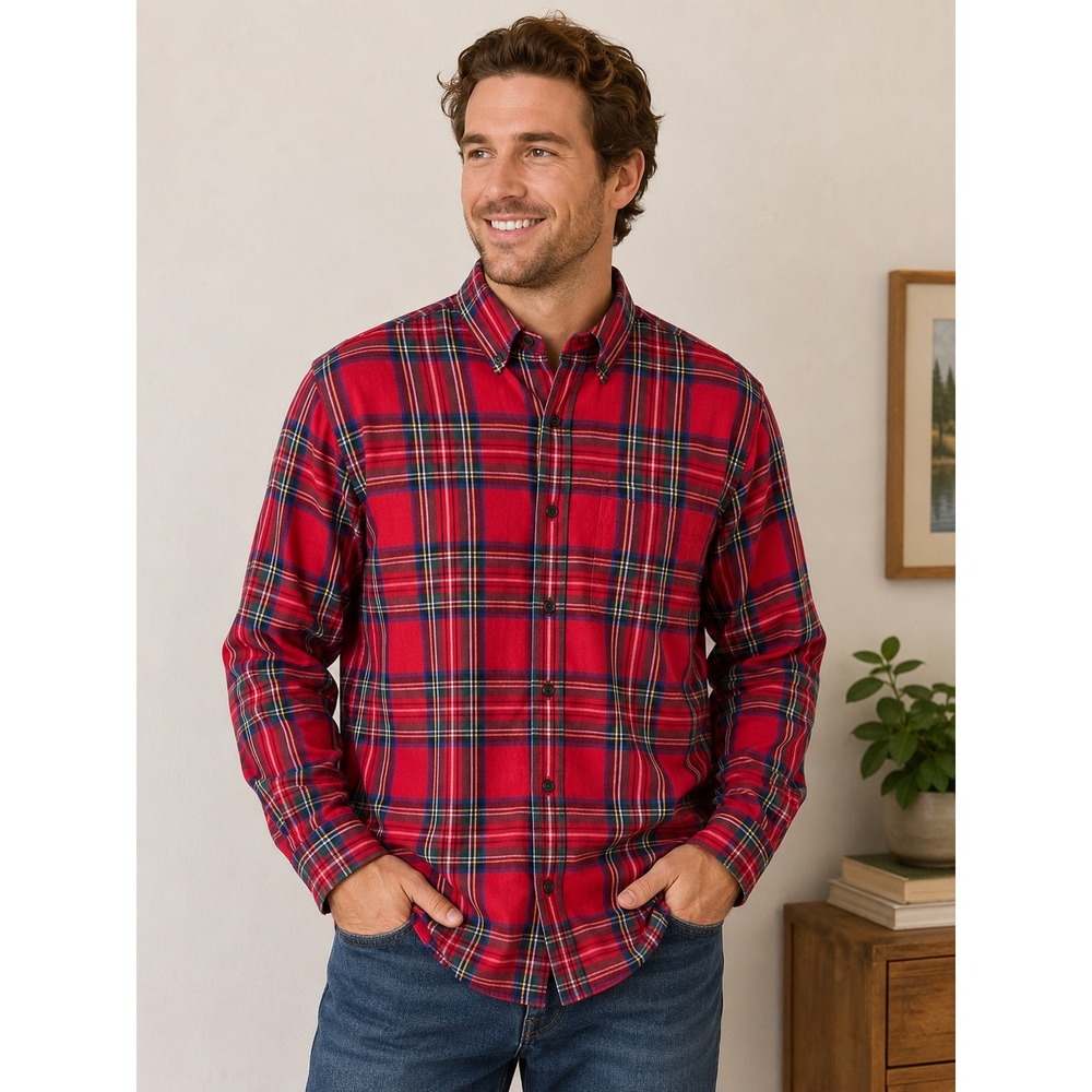 Vintage L.L.Bean Red Tartan‎ Plaid Chamois Flannel Shirt Men's L Made In Canada